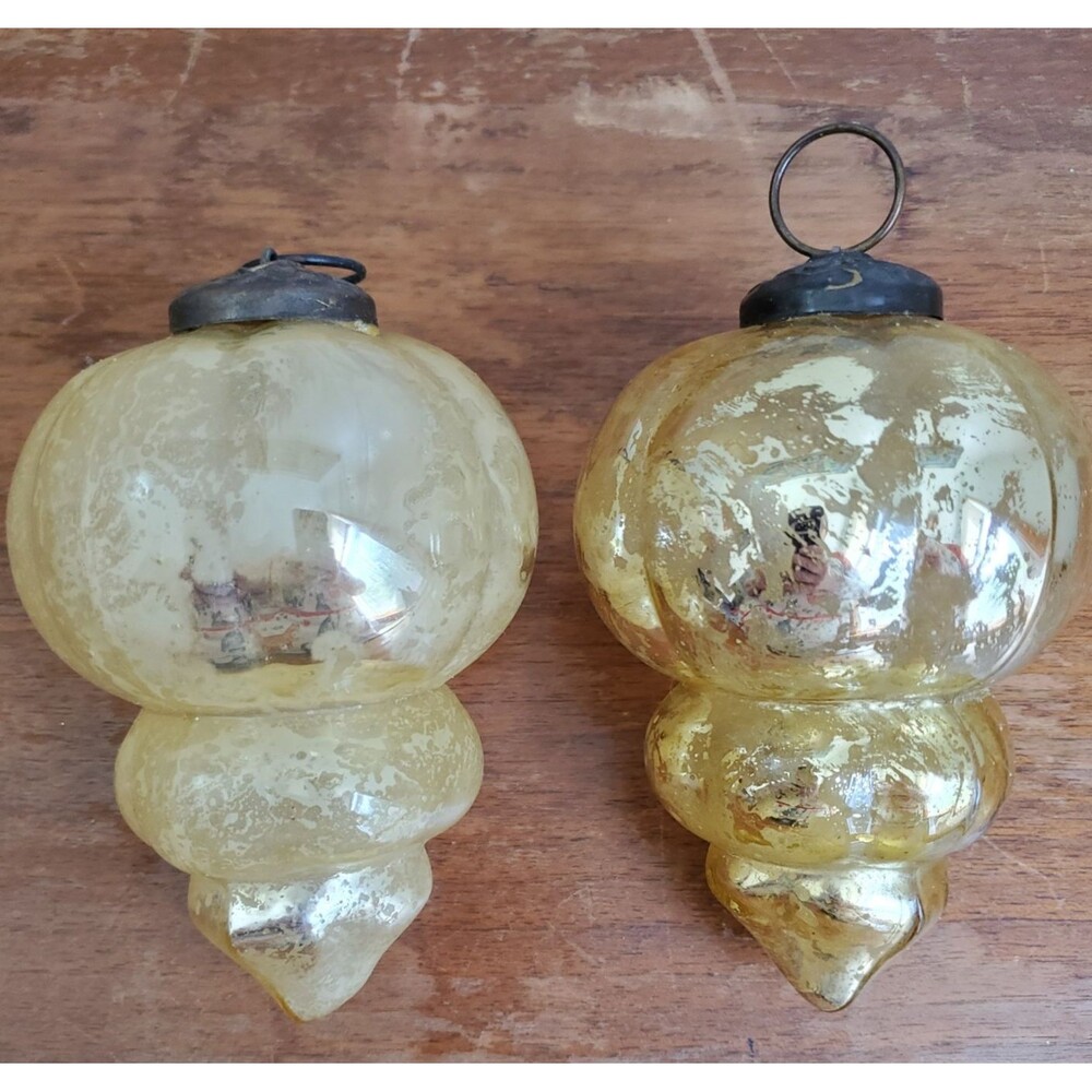 Vintage Kugel Christmas Ornament set 2 Gold 4"  Onion Turret Glass Mercury Heavy